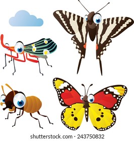 vector isolated cartoon cute animals set: termite, zebra butterfly, monarch, planthopper
