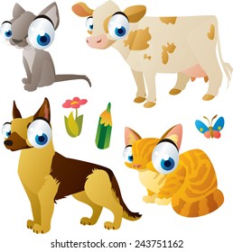 vector isolated cartoon cute animals set:farm: cat, dog, cow, kitten