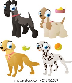 vector isolated cartoon cute animals set: dog breeds: kerry blue terrier, cocker spaniel, golden retriever, dalmatian