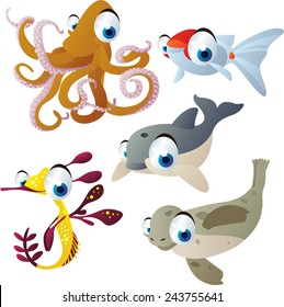 vector isolated cartoon cute animals set: octopus, goldfish, dolphin, seal, sea dragon