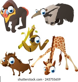 vector isolated cartoon cute animals set: baboon, anteater, sloth, warthog, giraffe