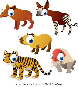 vector isolated cartoon cute animals set: tapir, capybara, okapi, monkey, tiger