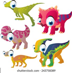 vector isolated cartoon cute animals set: dinosaurs: zuniceratops, lambeosaurus, heterodontosaurus, parasaurolophus, riojasaurus