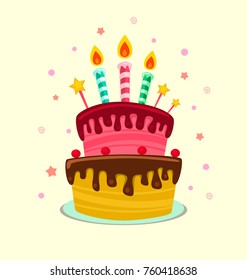 Vector Isolated Cartoon Delicious Birthday Layer Cake With Candle And Chocolate Illustration Template