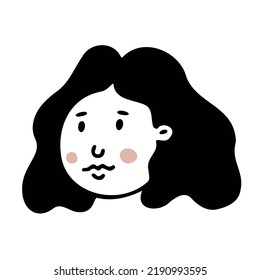 Vector isolated cartoon face of a girl. Doodle art illustration. Black and white colors.