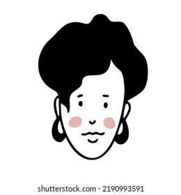 Vector isolated cartoon face of a woman. Doodle art illustration. Black and white colors.