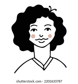 Vector isolated cartoon face of a woman. Doodle art illustration. Black and white colors.