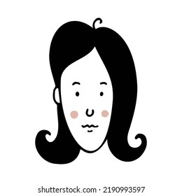 Vector isolated cartoon face of young woman. Doodle art illustration. Black and white colors.
