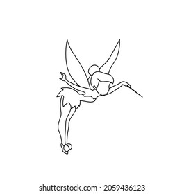 Vector isolated cartoon flying fairy girl with wings contour line silhouette drawing.  