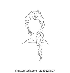 Vector isolated cartoon girl with long hairs faceless portrait colorless black and white contour line drawing
