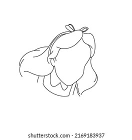 Vector isolated cartoon girl with long hairs and ribbon faceless portrait colorless black and white contour line drawing