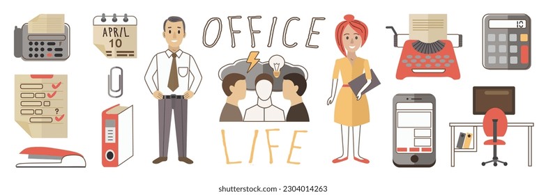 Vector isolated cartoon icon clipart illustration set collection of office items office workers man and woman in retro style with lettering