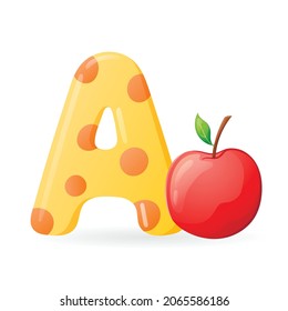 Vector isolated cartoon illustration of English alphabet letter A with picture of apple.