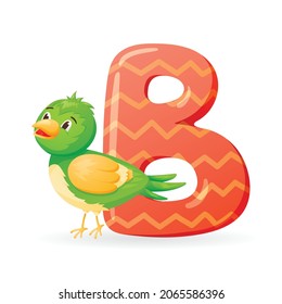 Vector isolated cartoon illustration of English alphabet letter B with bird picture.