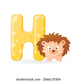 Vector isolated cartoon illustration of English alphabet letter H with picture of hedgehog.