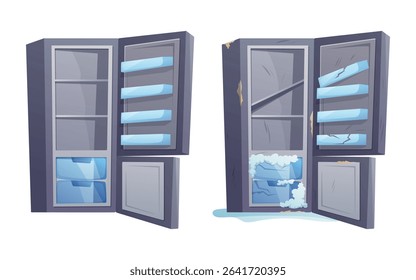 Vector isolated cartoon illustration of a new and old refrigerator. One is clean and intact, the other broken, rusty, scratched, and covered in ice. Comparison of functional and damaged appliances.