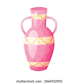 Vector isolated cartoon illustration of pink porcelain decorated vase or jug with handles