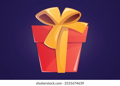 Vector isolated cartoon illustration of red gift box with bow. Christmas, New Year or birthday present, festive decorative element.