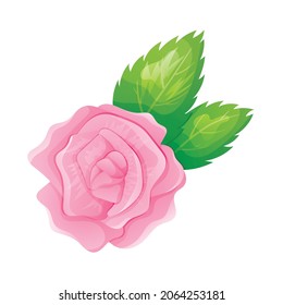 Vector isolated cartoon illustration of rose bud with leaves.