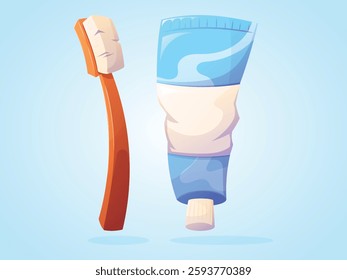 Vector isolated Cartoon illustration of toothbrush and a squeezed toothpaste tube on a light blue background. Oral hygiene, eco-friendly dental care, and healthy teeth concept.