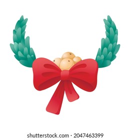 Vector isolated cartoon illustration of traditional Christmas mistletoe wreath with bow and bunch of berries.