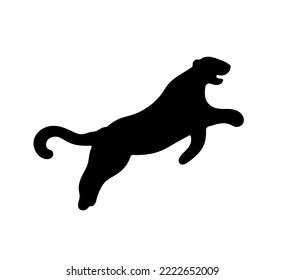 Vector isolated cartoon jumping big wild cat side view colorless black and white outline silhouette shadow shape stencil