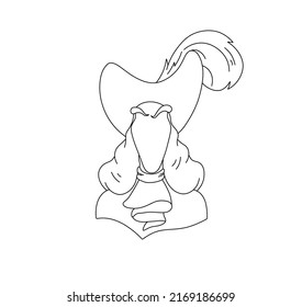 Vector isolated cartoon man villain in the hat with a feather faceless portrait colorless black and white contour line drawing