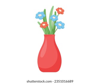 Vector isolated cartoon Red decorative vase with blooming flower bouquet.