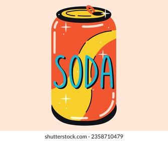 Vector isolated cartoon retro tin soda can, soft drink, 90s style.