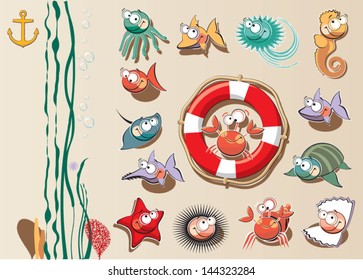 Vector isolated cartoon sea animals and other sea life elements in multicolor. vector sea animals cartoon set