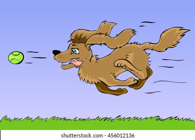 Vector isolated cartoon style hand-drawn illustration of a happy dog running after ball. Design best for products for children, kid's books, games, clothes.
