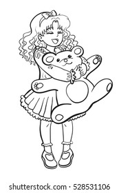 Vector isolated cartoon style hand-drawn illustration of a happy little girl smiling and holding big toy bear in her hands. Design best for products for children: kid's coloring books, games, clothes.