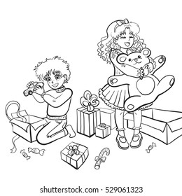 Vector isolated cartoon style illustration of a happy kids opening x-mas presents in christmas morning. December holidays
Design best for children products: coloring books, prints, stationery, cards.