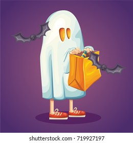 Vector isolated cartoon style illustration of kid in ghost handmade Halloween costume asking for candies with paper bag and flying bats around