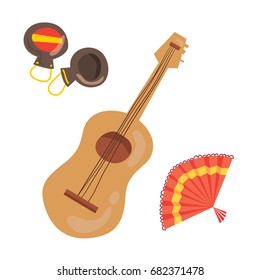 Vector isolated cartoon-style color illustration set of Spanish castanets (spanish music instrument), guitar and dancing woman fan for flamenco. Isolated on white background