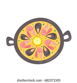 Vector isolated cartoon-style color illustration of paella (fish, seafood and rice Spanish traditional dish). Isolated on white background