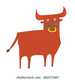 Vector isolated cartoon-style color illustration of red corrida bull with ring in his nose. Isolated on white background