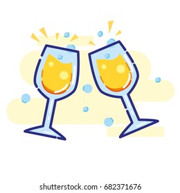 Vector isolated cartoon-style color illustration of outlined party festival champagne glasses icon with sparkles. Isolated on white background