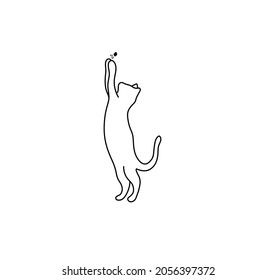 Vector isolated cat catches a fly contour silhouette line drawing. Colorless playing hunting cat doodle drawing