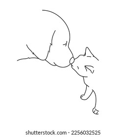 Vector aislado gato y perro se olfatean mutuamente la cabeza nariz contorno incoloro negro y blanco línea de dibujo fácil