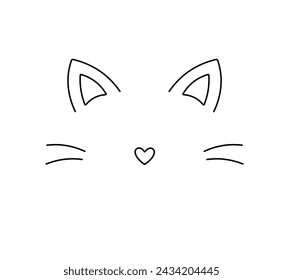 Vector isolated cat head muzzle ears nose whiskers doodle colorless black and white contour line easy drawing	