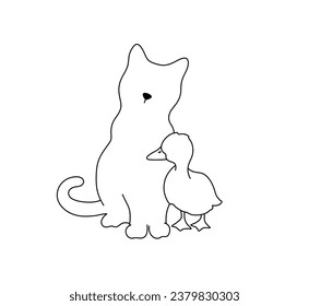 Vector isolated cat kittean and duckling duck colorless black and white contour line easy drawing	