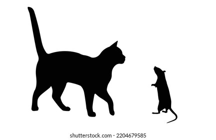 Vector isolated cat and mouse silhouette, logo, typography, decorative sticker on white background.