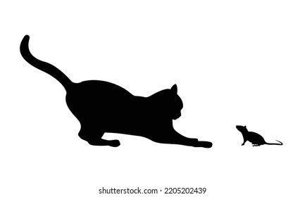 Vector isolated cat and mouse silhouette, logo, typography, decorative sticker on white background.