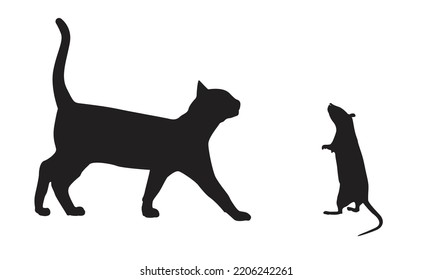 Vector isolated cat and mouse silhouette, logo, typography, decorative sticker on white background.
