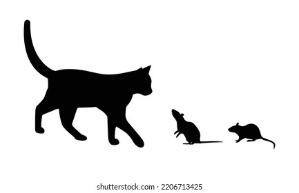 Vector isolated cat and mouse silhouette, logo, typography, decorative sticker on white background.