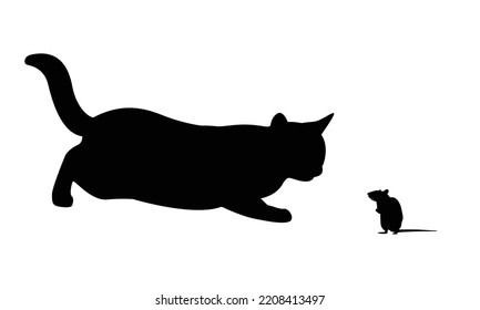 Vector isolated cat and mouse silhouette, logo, typography, decorative sticker on white background.