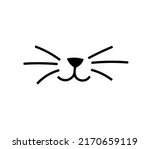 Vector isolated cat muzzle face nose with whiskers and mouth colorless black outline silhouette stencil