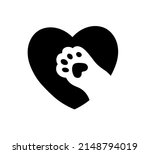 Vector isolated cat paw with black pads inside heart symbol colorless black and white contour line drawing