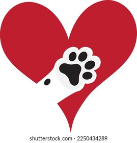 Vector isolated cat paw with black pads inside heart symbol love pets